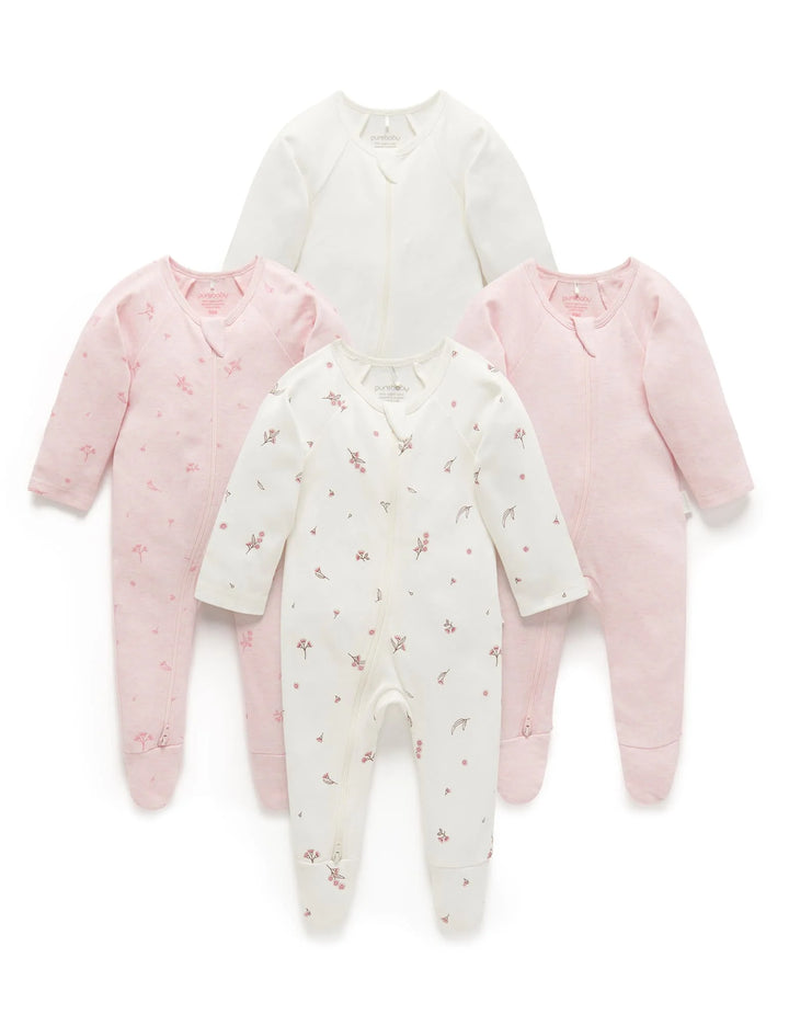 Purebaby Organic Zip Growsuit 4 Pack - Vanilla Blossom
