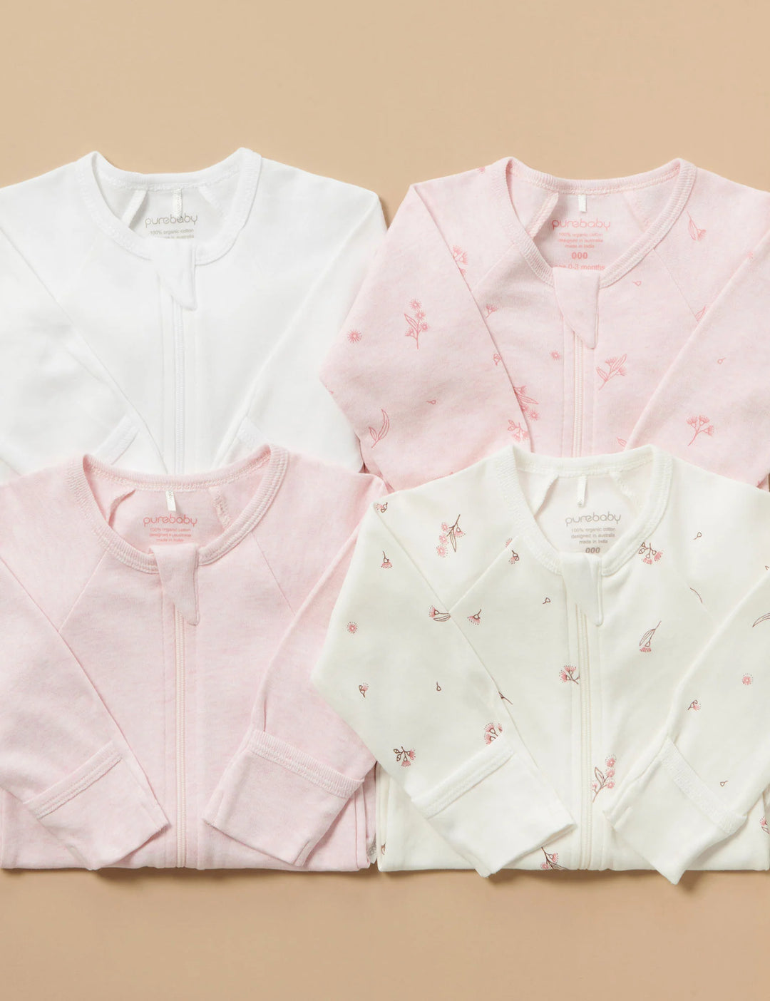 Purebaby Organic Zip Growsuit 4 Pack - Vanilla Blossom