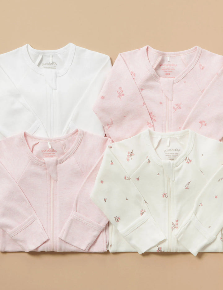 Purebaby Organic Zip Growsuit 4 Pack - Vanilla Blossom