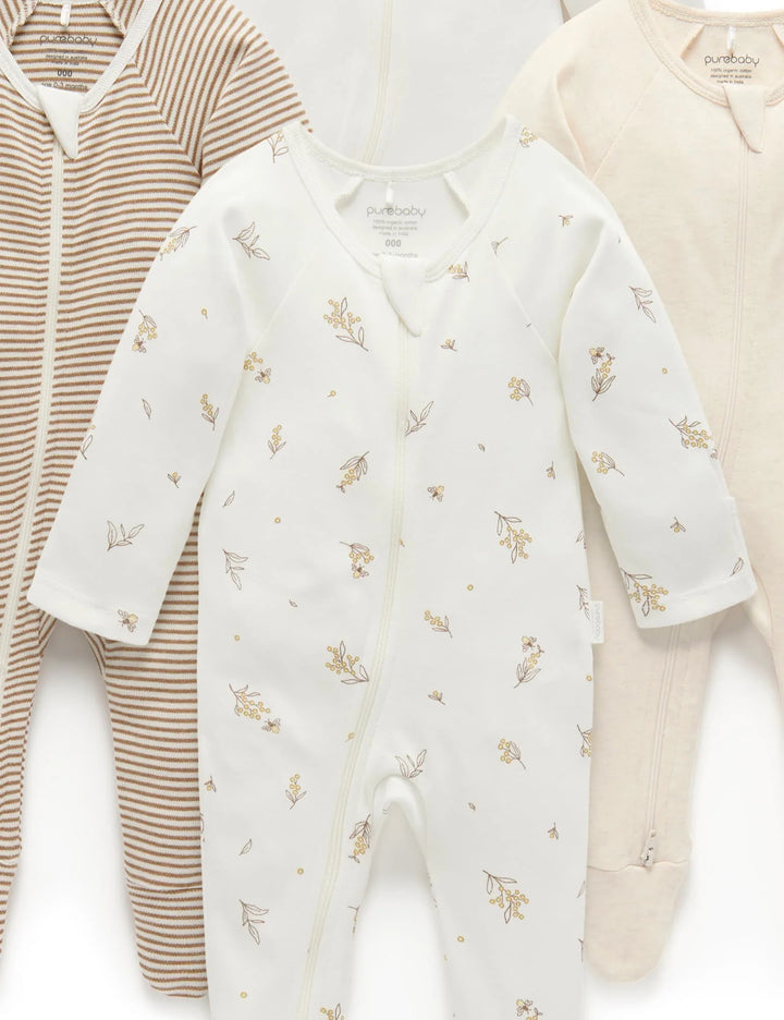 Purebaby Organic Zip Growsuit 4 Pack - Vanilla Wattle Bee
