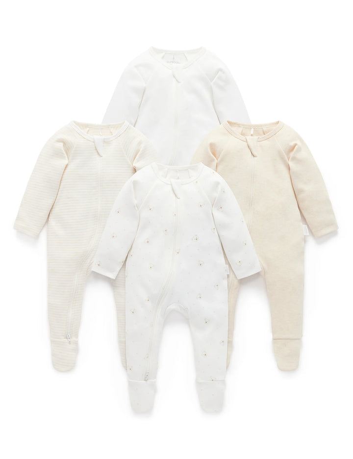 Purebaby Organic Zip Growsuit 4 Pack - Vanilla Bear