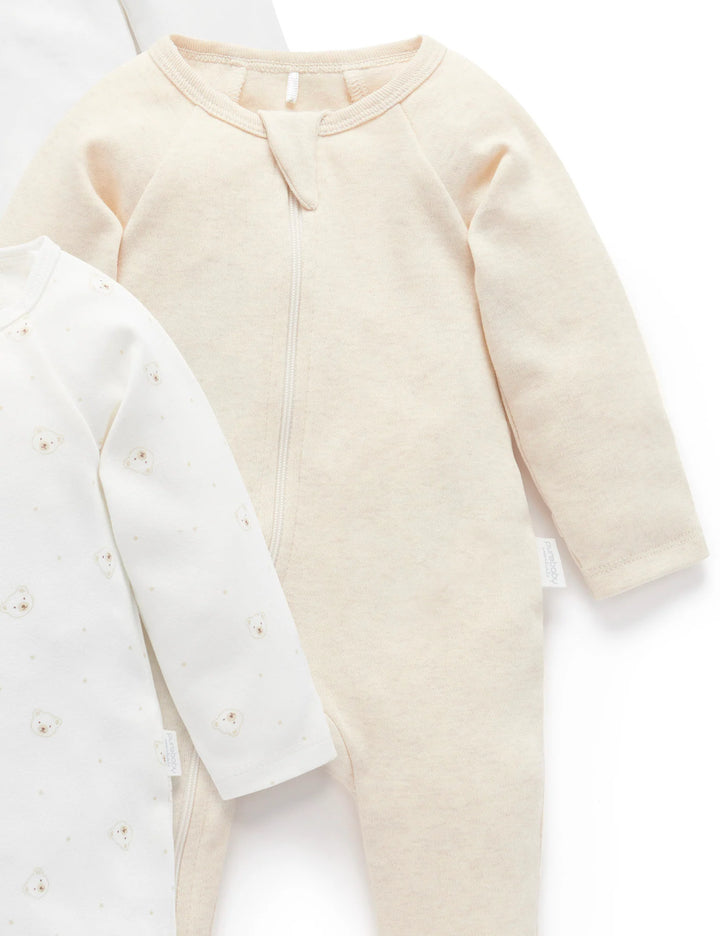 Purebaby Organic Zip Growsuit 4 Pack - Vanilla Bear