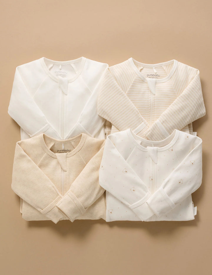 Purebaby Organic Zip Growsuit 4 Pack - Vanilla Bear