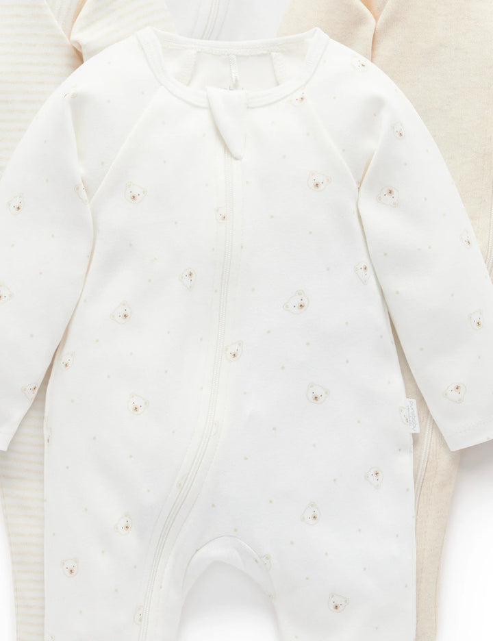 Purebaby Organic Zip Growsuit 4 Pack - Vanilla Bear