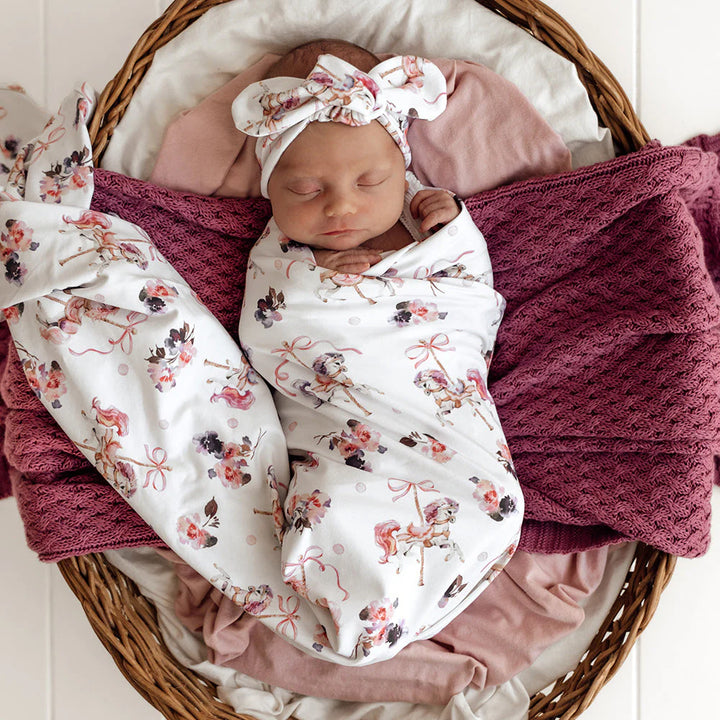 Snuggle Hunny Baby Jersey Wrap & Topknot Set - Carousel