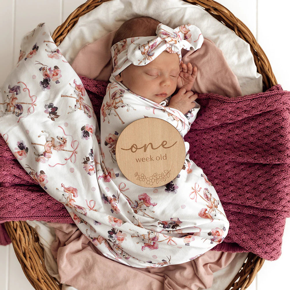 Snuggle Hunny Baby Jersey Wrap & Topknot Set - Carousel