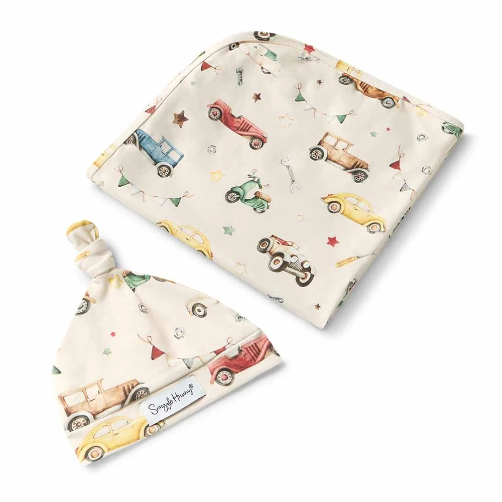 Snuggle Hunny Baby Jersey Wrap & Beanie Set - Vintage Cars