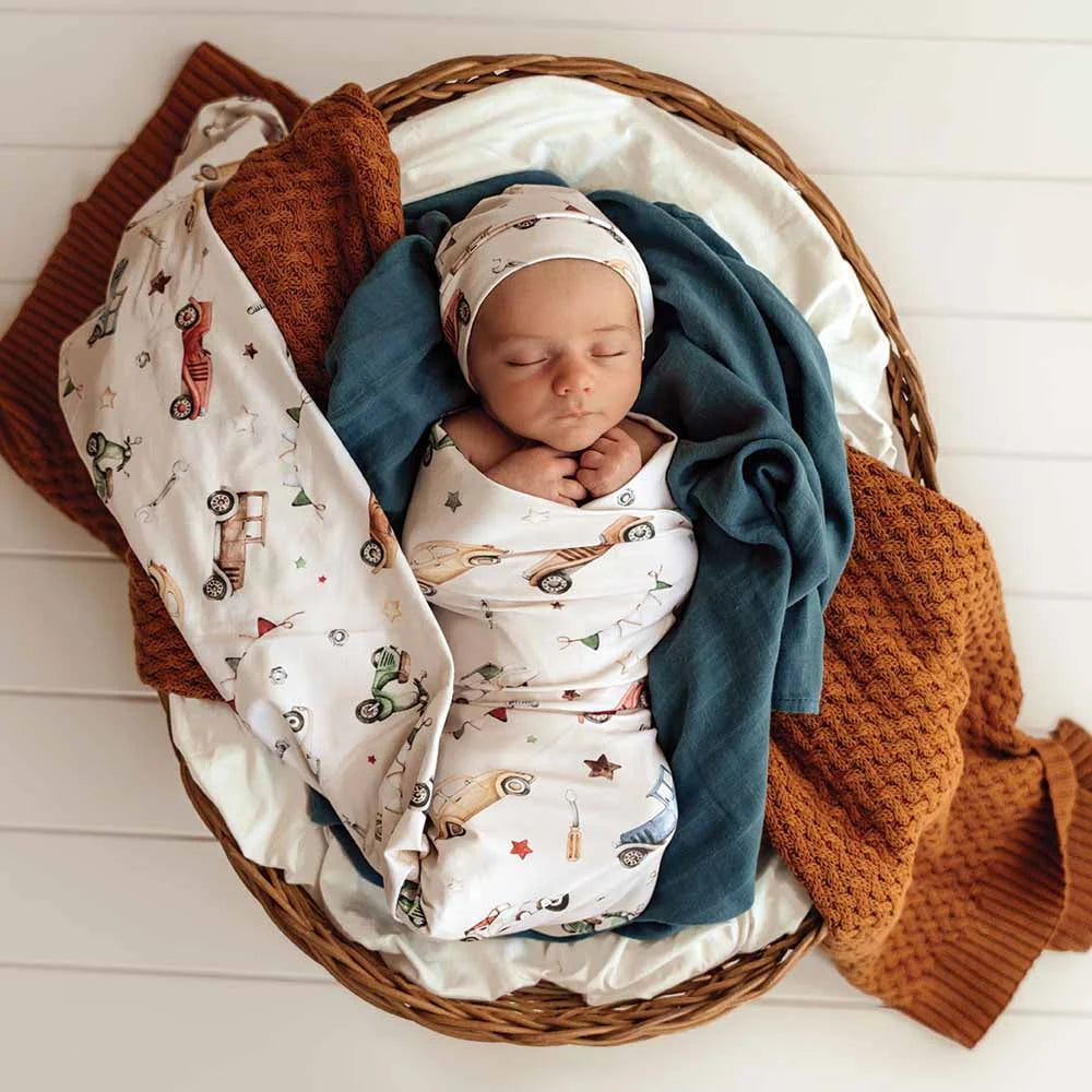 Snuggle Hunny Baby Jersey Wrap & Beanie Set - Vintage Cars