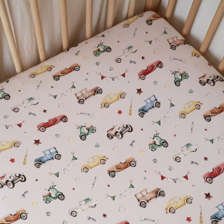 Snuggle Hunny Organic Fitted Jersey Cotton Cot Sheet - Vintage Cars