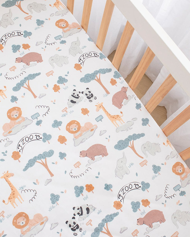 Fitted Cotton Cot Sheet - A Day at the Zoo