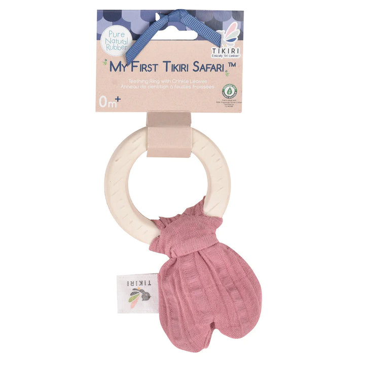 Tikiri Natural Rubber Teether & Crinkle Toy - Dusty Pink Muslin Tie