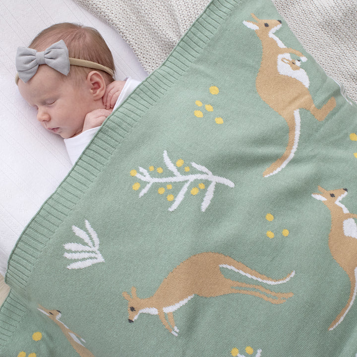 Cotton Knit Australiana Baby Blanket - Green Kangaroo