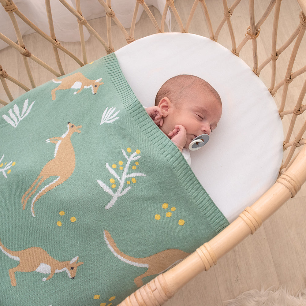 Cotton Knit Australiana Baby Blanket - Green Kangaroo