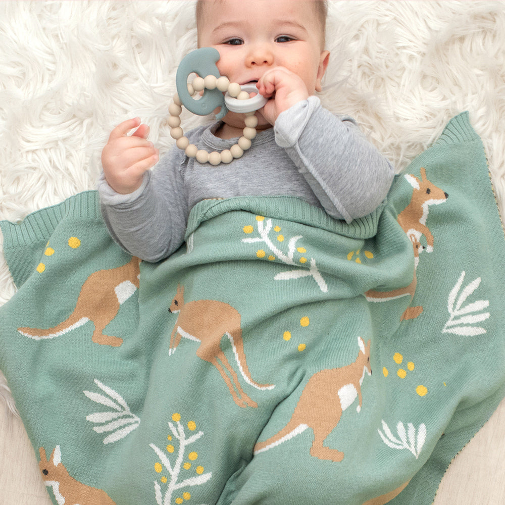 Cotton Knit Australiana Baby Blanket - Green Kangaroo