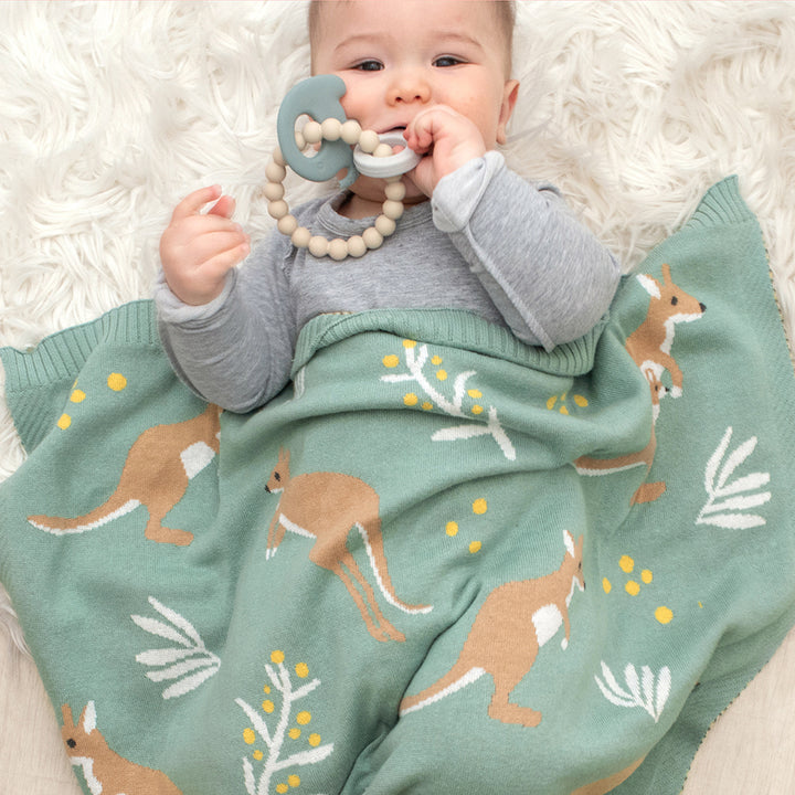 Cotton Knit Australiana Baby Blanket - Green Kangaroo