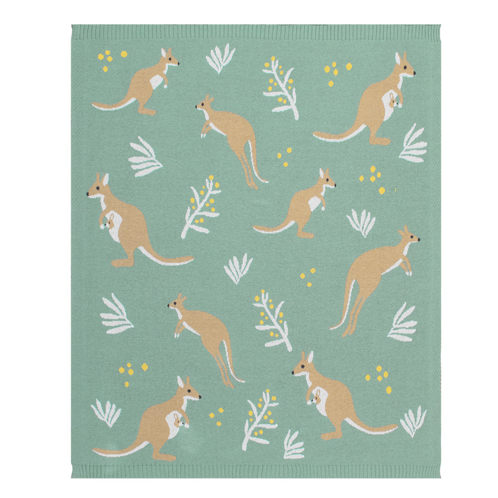 Cotton Knit Australiana Baby Blanket - Green Kangaroo