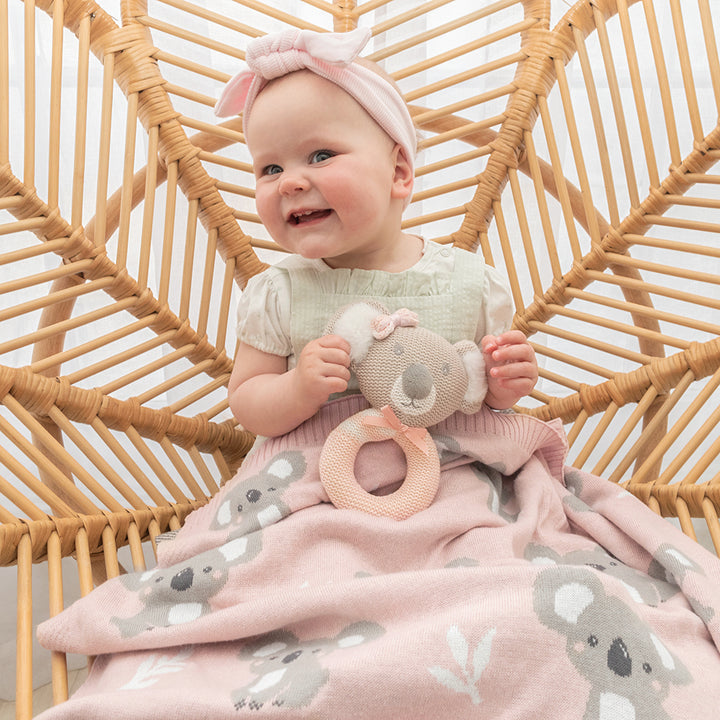 Cotton Knit Australiana Baby Blanket - Blush Koala