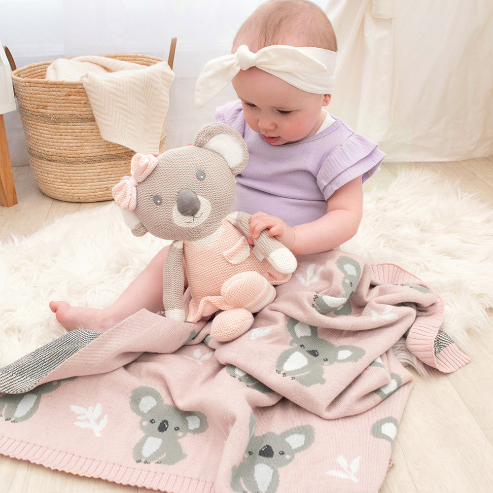 Cotton Knit Australiana Baby Blanket - Blush Koala