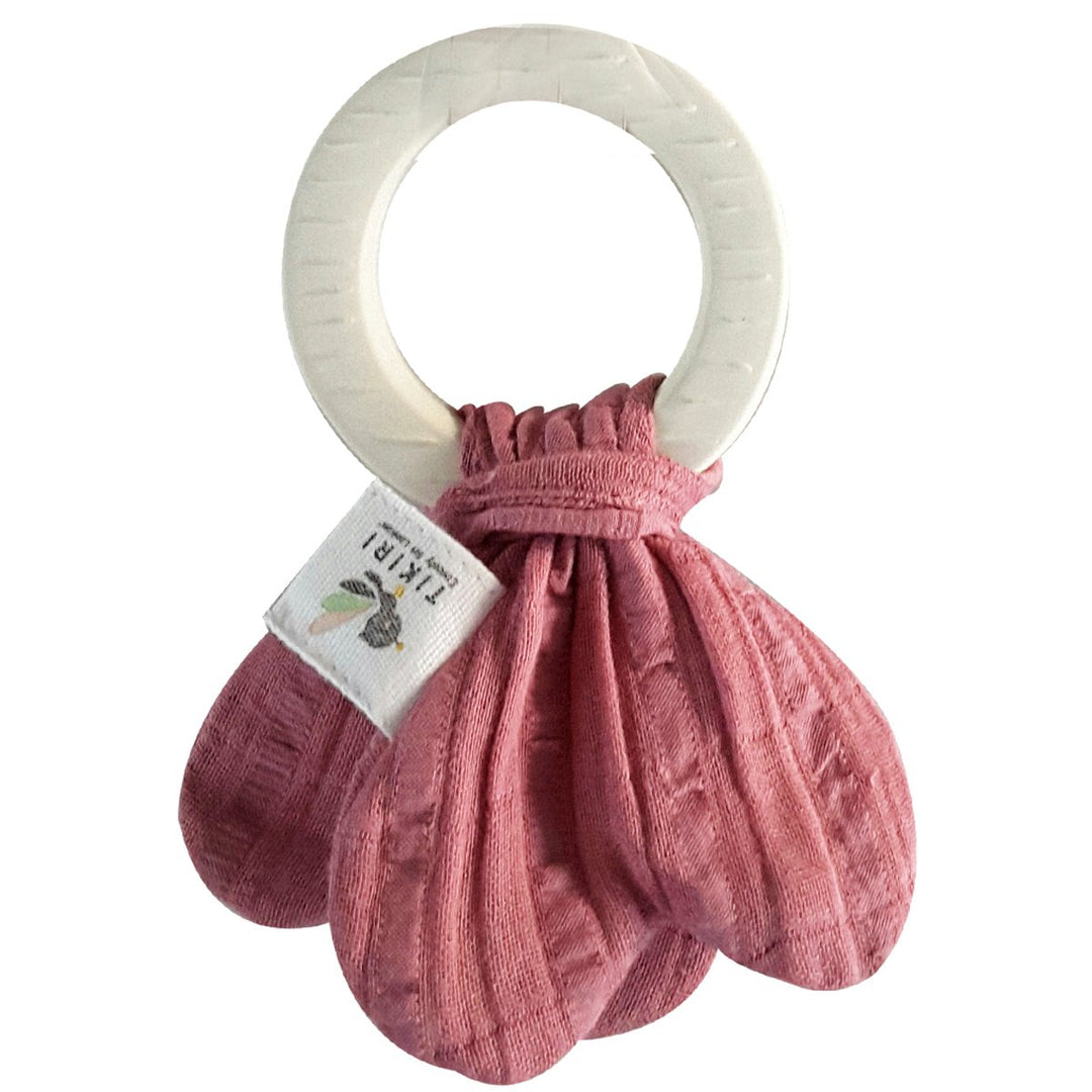 Tikiri Natural Rubber Teether & Crinkle Toy - Dusty Pink Muslin Tie