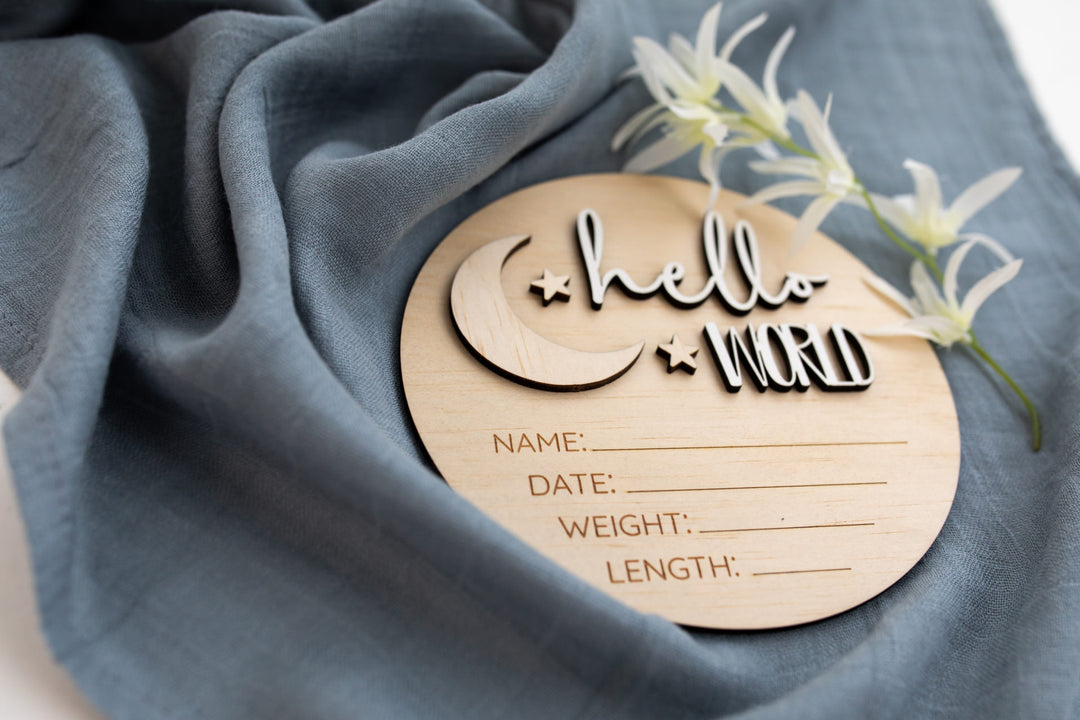 Wooden Announcement Plaque - Hello Moon & Stars