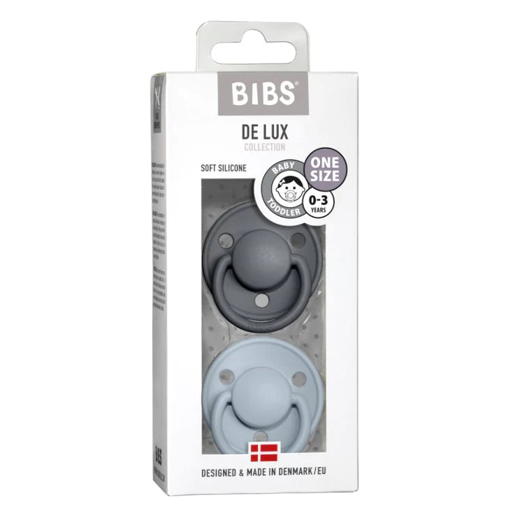 BIBS Round De Lux Silicone Dummies 2 Pack (ONE SIZE 0-3 Years)