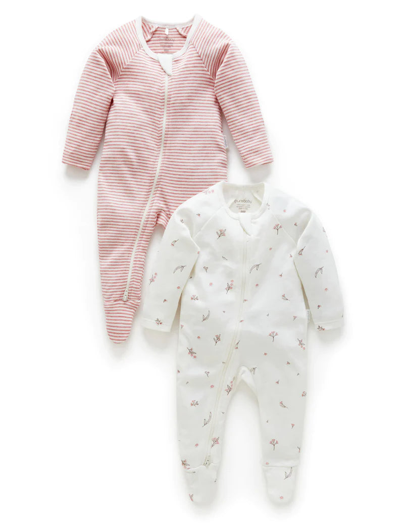 Purebaby Organic Zip Growsuit 2 Pack - Vanilla Blossom
