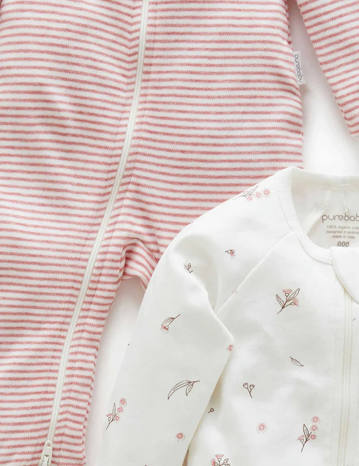 Purebaby Organic Zip Growsuit 2 Pack - Vanilla Blossom
