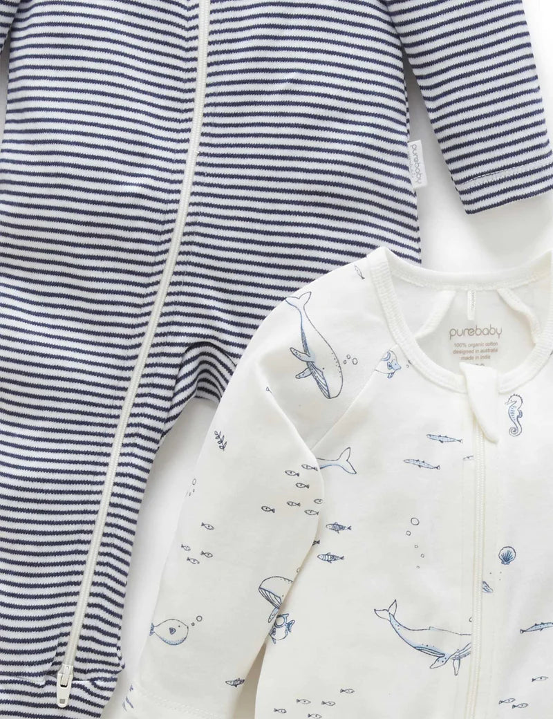 Purebaby Organic Zip Growsuit 2 Pack - Vanilla Nautical