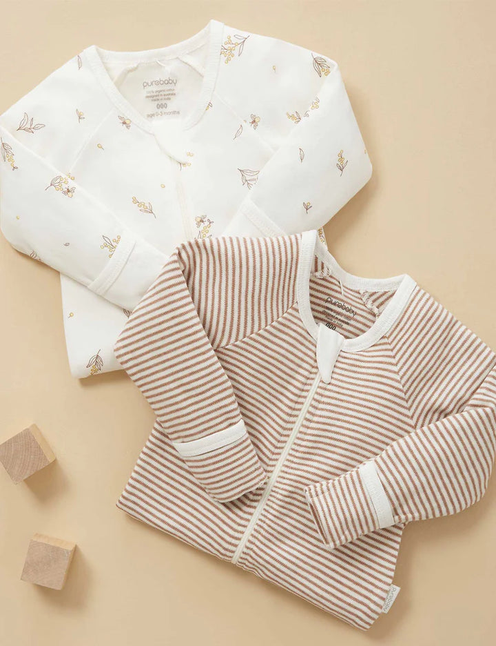 Purebaby Organic Zip Growsuit 2 Pack - Vanilla Wattle Bee
