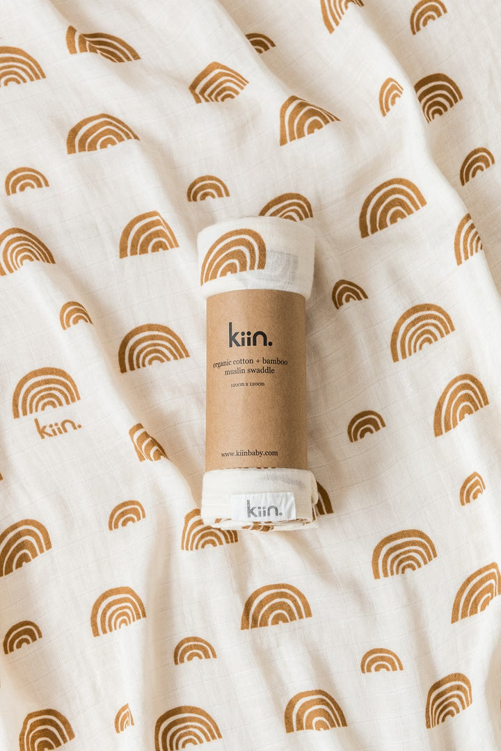 Kiin Organic Bamboo Cotton Muslin Swaddle - Rainbow Ivory & Umber